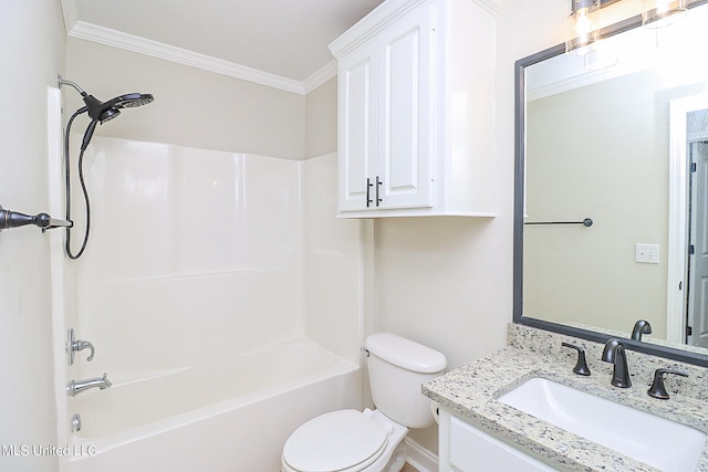 full bathroom featuring vanity, toilet, ornamental molding, and shower / tub combination