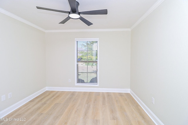 empty room with light hardwood / wood-style flooring, ceiling fan, and crown molding