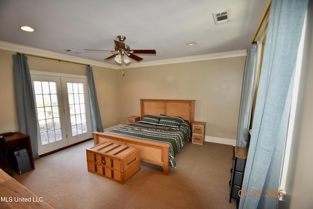 carpeted bedroom featuring ceiling fan, crown molding, and access to exterior