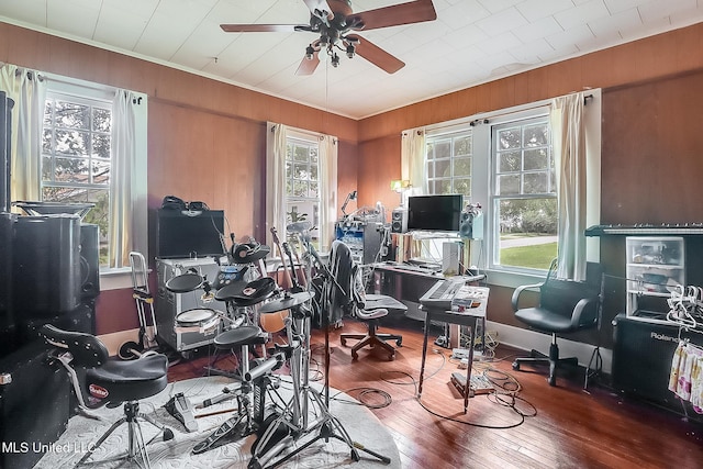 office with plenty of natural light, wood-type flooring, crown molding, and a ceiling fan