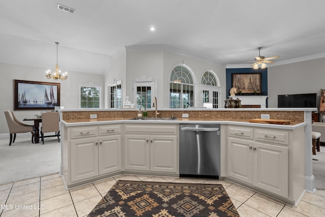 kitchen with white cabinetry, stainless steel dishwasher, light colored carpet, and an island with sink