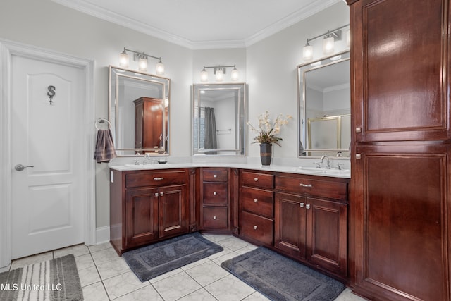 bathroom with tile patterned flooring, vanity, walk in shower, and ornamental molding