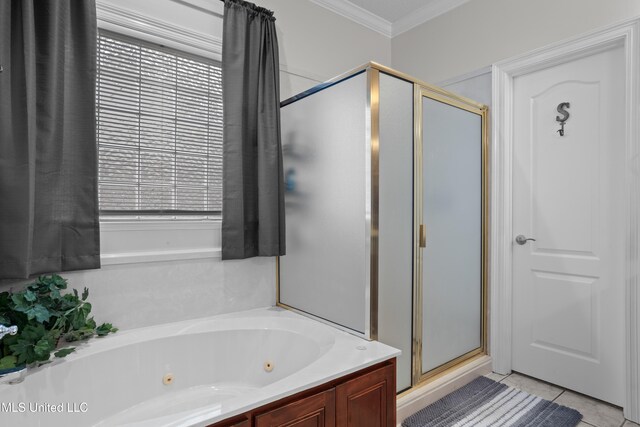 bathroom with crown molding, tile patterned flooring, plus walk in shower, and plenty of natural light