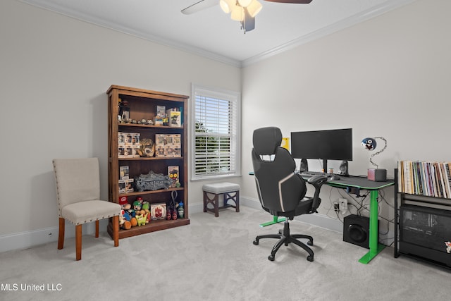 carpeted office featuring ceiling fan and ornamental molding