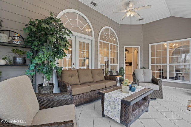 interior space with wood ceiling, light tile patterned floors, high vaulted ceiling, and french doors