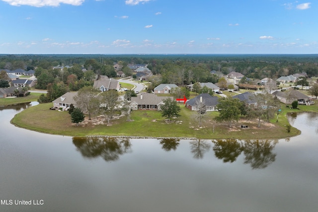 drone / aerial view featuring a water view