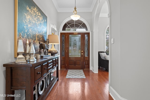 entryway with crown molding and dark hardwood / wood-style flooring