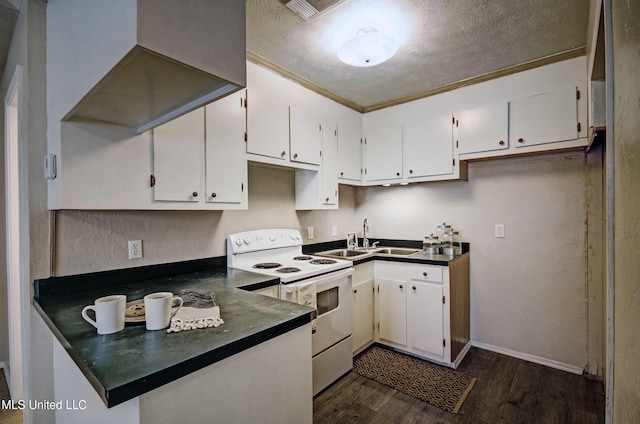 8962 Pleasant Hill Rd, Carthage, MS 39051 - kitchen with white range with electric cooktop, dark wood finished floors, dark countertops, a textured ceiling, and white cabinetry