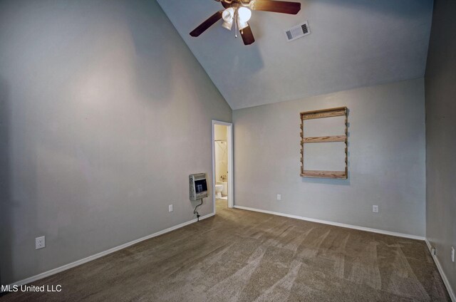 8962 Pleasant Hill Rd, Carthage, MS 39051 - carpeted empty room with heating unit, a ceiling fan, high vaulted ceiling, and baseboards