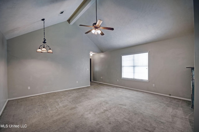 8962 Pleasant Hill Rd, Carthage, MS 39051 - unfurnished room with ceiling fan, beam ceiling, carpet flooring, a chandelier, and high vaulted ceiling