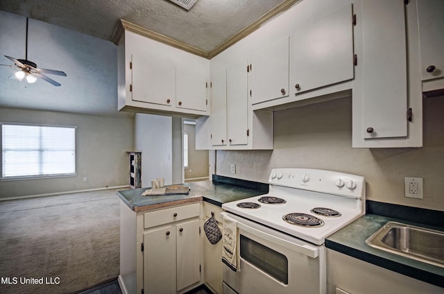 8962 Pleasant Hill Rd, Carthage, MS 39051 - kitchen featuring white range with electric stovetop, open floor plan, a ceiling fan, a peninsula, and white cabinets