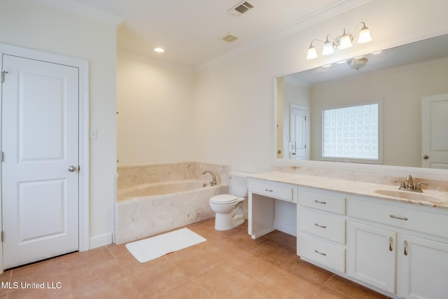 6811 Old Fort Bayou Rd, Ocean Springs, MS 39564 - full bathroom with double vanity, a garden tub, ornamental molding, tile patterned flooring, and toilet
