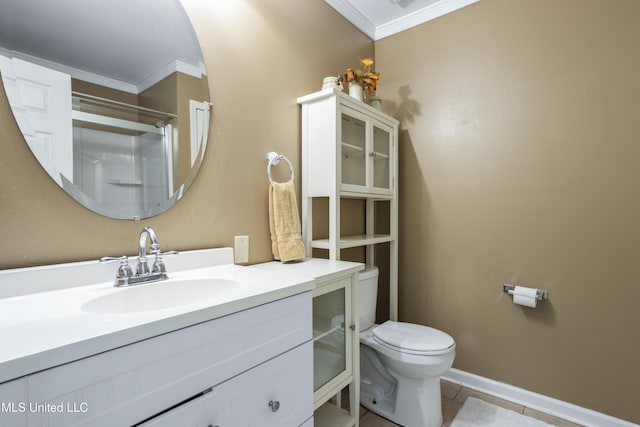 full bathroom featuring vanity, toilet, tile patterned floors, a shower, and ornamental molding