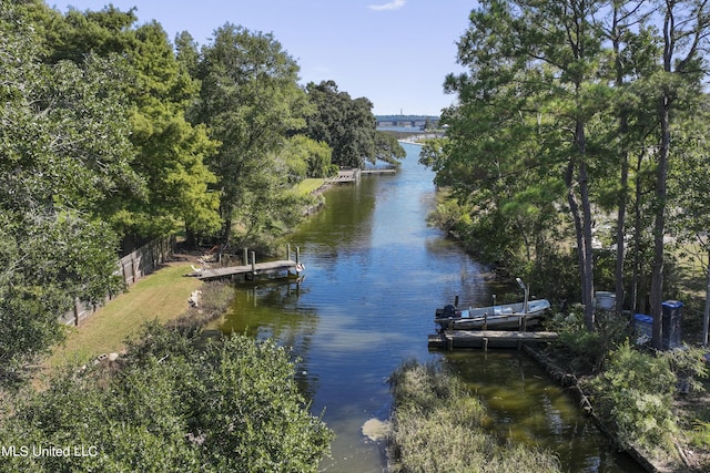 property view of water with a dock