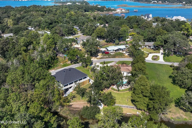 aerial view featuring a water view