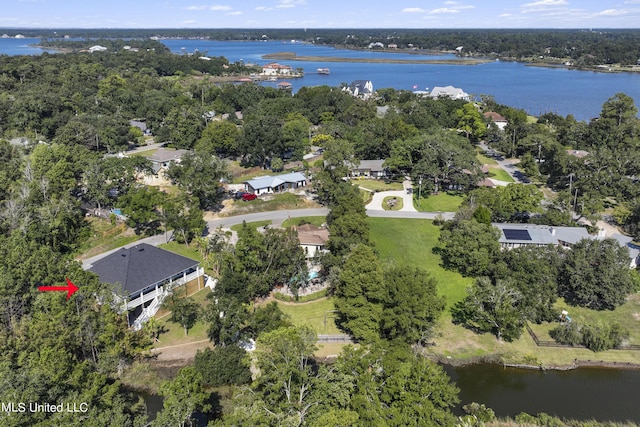 bird's eye view with a water view