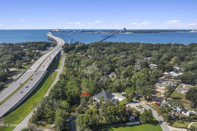 drone / aerial view with a water view