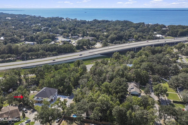 drone / aerial view featuring a water view