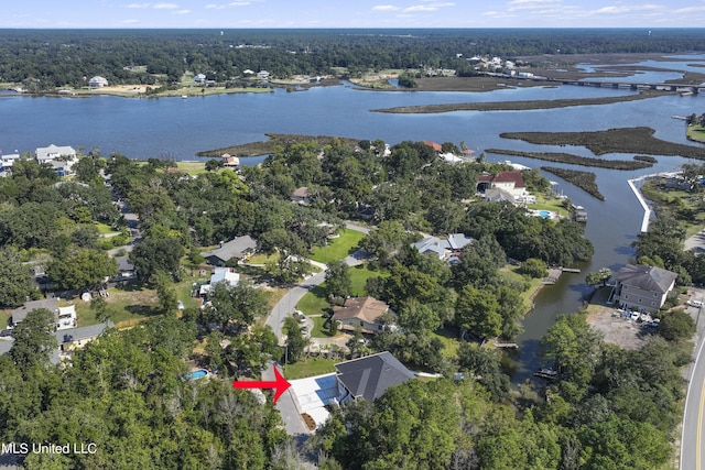 bird's eye view with a wooded view and a water view