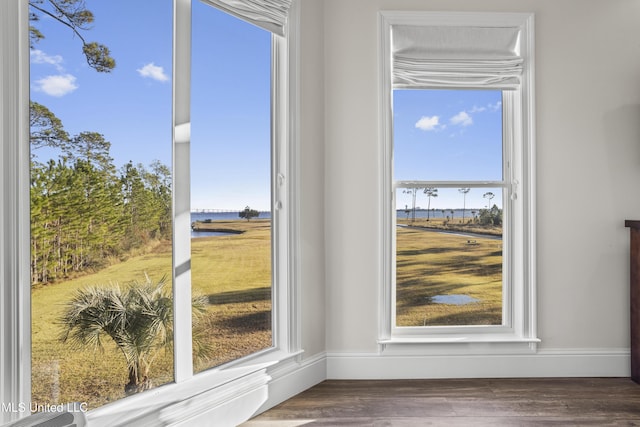 interior space featuring baseboards, a water view, and wood finished floors