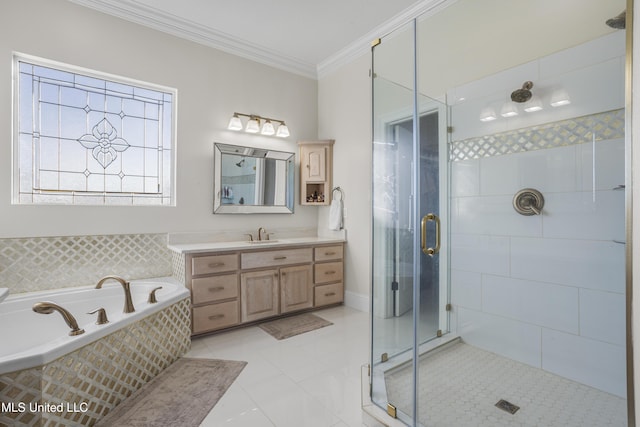 full bath with a garden tub, tile patterned flooring, a stall shower, vanity, and ornamental molding