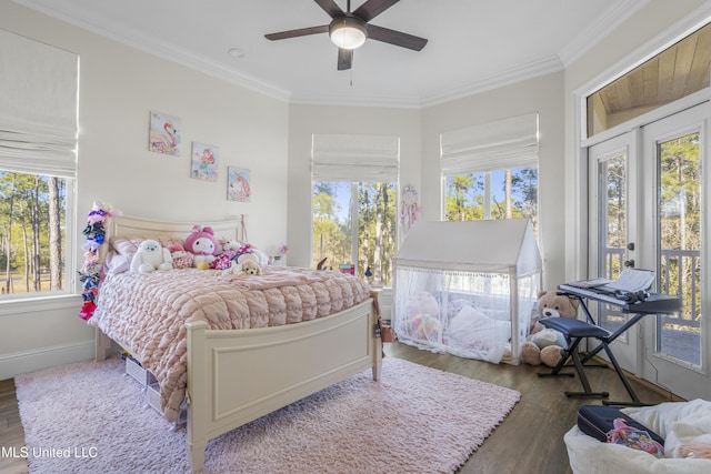 bedroom featuring access to outside, ceiling fan, ornamental molding, and wood finished floors