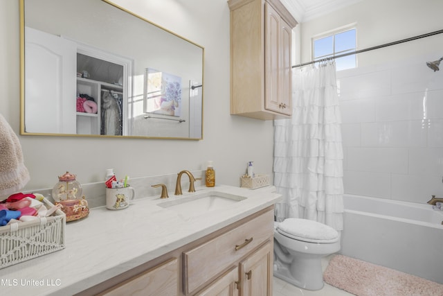 full bath with crown molding, toilet, shower / tub combo, and vanity