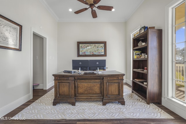 home office with crown molding, baseboards, ceiling fan, and wood finished floors