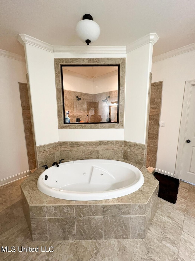 bathroom featuring crown molding and plus walk in shower