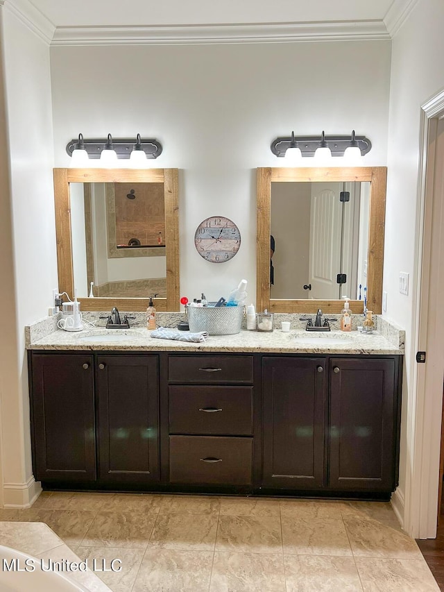 bathroom featuring ornamental molding and vanity