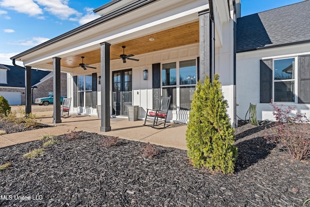 back of property featuring ceiling fan and covered porch