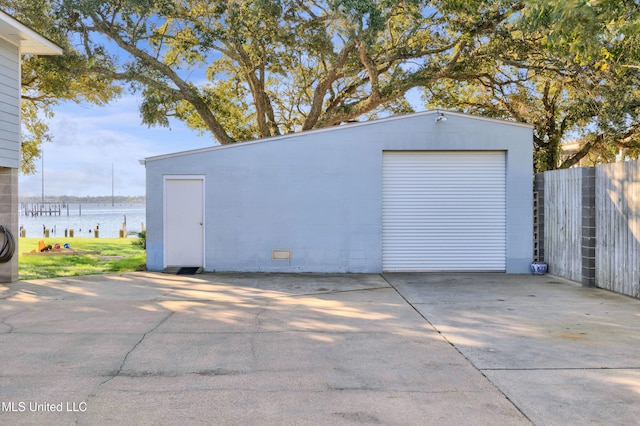 garage featuring a water view