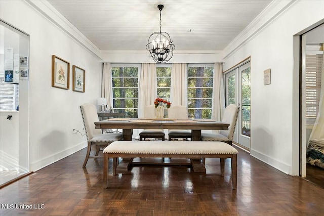 dining space with a chandelier, dark wood-type flooring, crown molding, and wooden ceiling