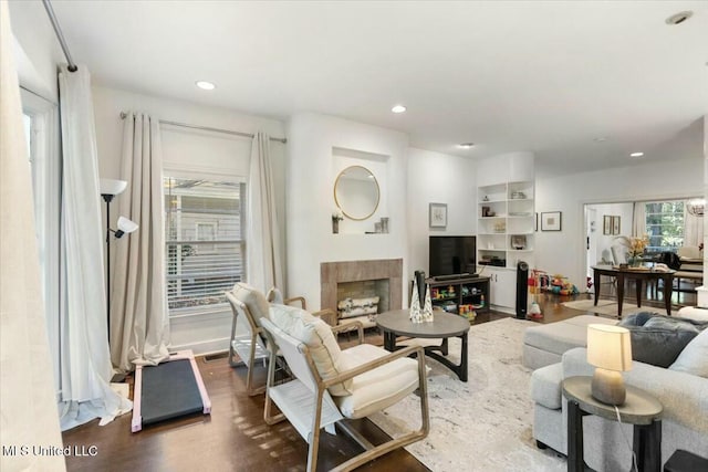 living room featuring dark hardwood / wood-style floors and a wealth of natural light