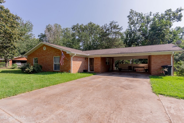 single story home featuring a carport and a front lawn