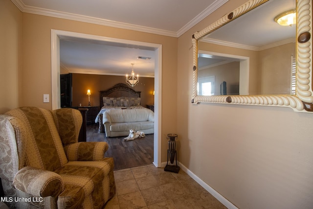 bedroom with ornamental molding, hardwood / wood-style floors, and a notable chandelier