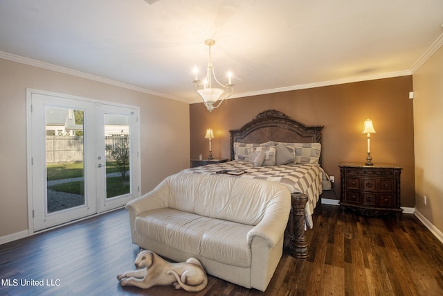 bedroom with access to outside, french doors, dark hardwood / wood-style flooring, ornamental molding, and a chandelier