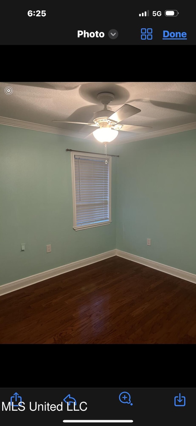 unfurnished room with ceiling fan, crown molding, wood-type flooring, and a textured ceiling