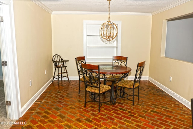 dining space with a chandelier, a textured ceiling, and ornamental molding