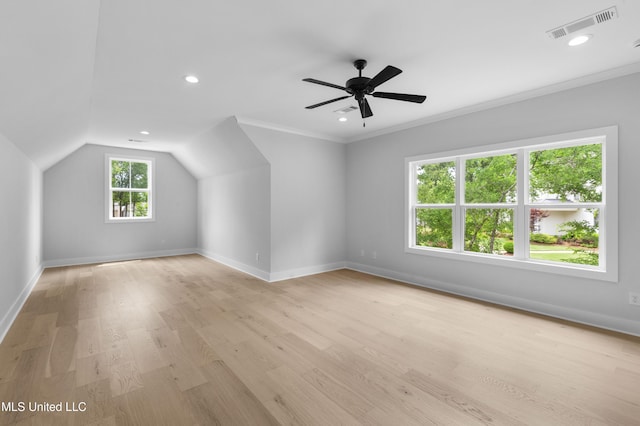 231 Oakside Trl, Madison, MS 39110 - additional living space with light wood-style floors, a ceiling fan, baseboards, vaulted ceiling, and recessed lighting