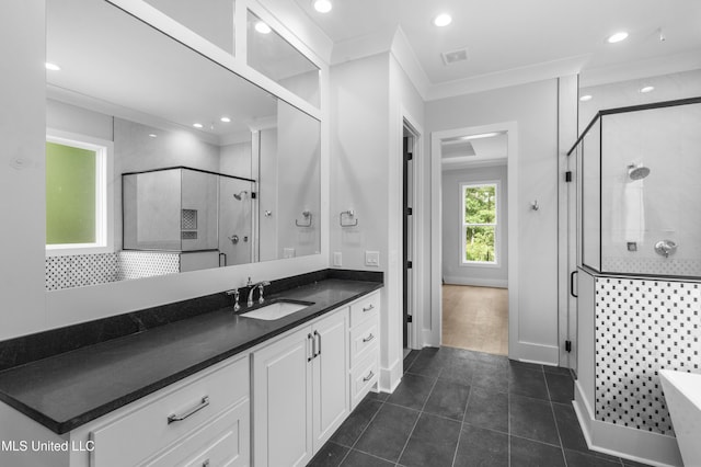 231 Oakside Trl, Madison, MS 39110 - full bath with a shower stall, crown molding, vanity, recessed lighting, and baseboards