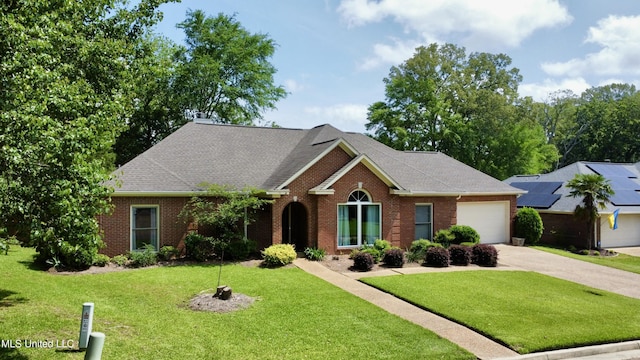 view of front of house featuring brick siding, driveway, a garage, a front lawn, and a shingled roof