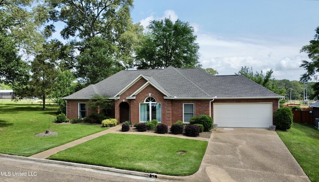 single story home with roof with shingles, brick siding, driveway, a garage, and a front yard