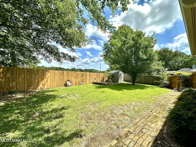 view of yard featuring a storage shed, an outdoor structure, and a fenced backyard