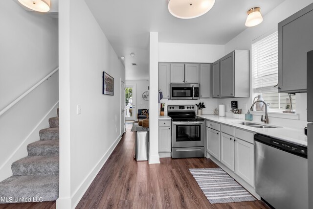2207 Government St Unit 15, Ocean Springs, MS 39564 - kitchen with appliances with stainless steel finishes, a sink, gray cabinets, dark wood finished floors, and light countertops
