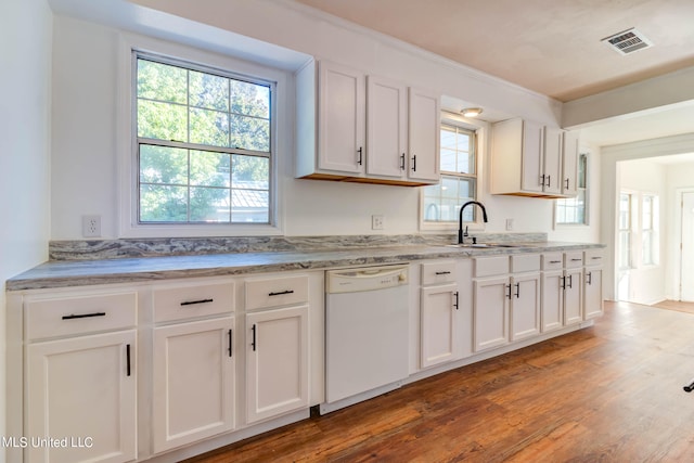 kitchen featuring white cabinetry, a healthy amount of sunlight, white dishwasher, and sink