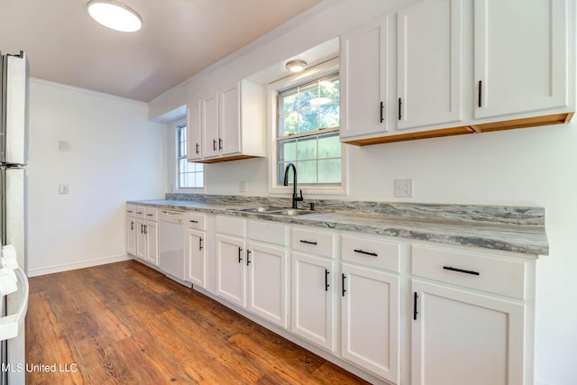 kitchen featuring white cabinets, light stone countertops, dishwasher, dark hardwood / wood-style floors, and sink