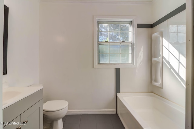 bathroom with toilet, a tub to relax in, tile patterned flooring, crown molding, and vanity