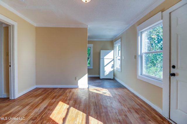 foyer with ornamental molding and light hardwood / wood-style floors