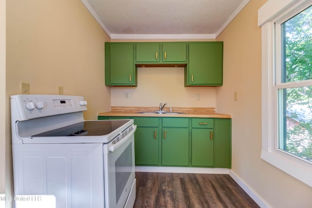 kitchen with green cabinets, sink, electric range, a textured ceiling, and dark hardwood / wood-style flooring